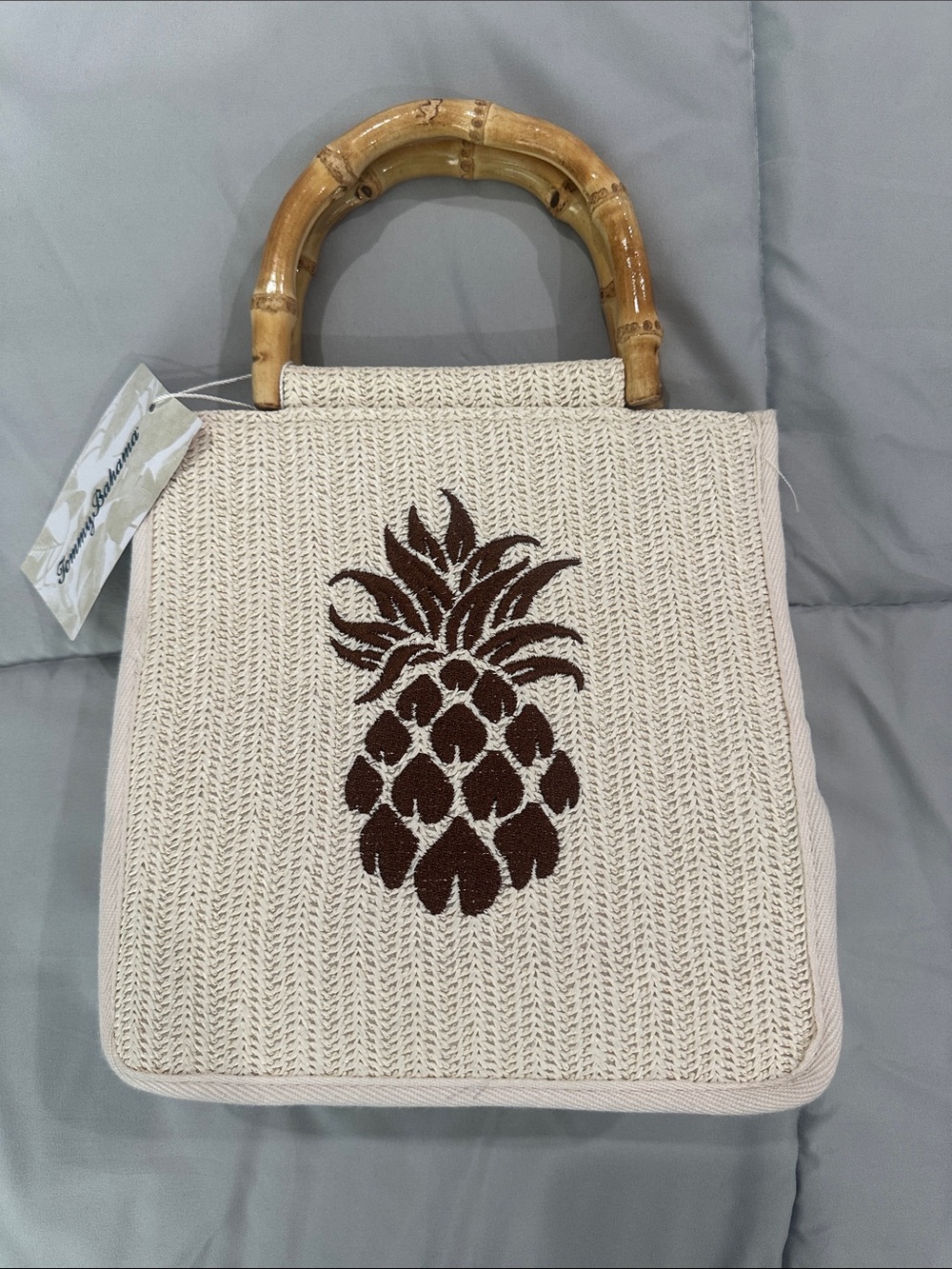 Tommy Bahama Cream Woven Tote with Brown Pineapple